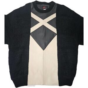 Vintage ZMANN Mens Large Leather Knit Colorblock Knit Sweater 80s Heavy Weight